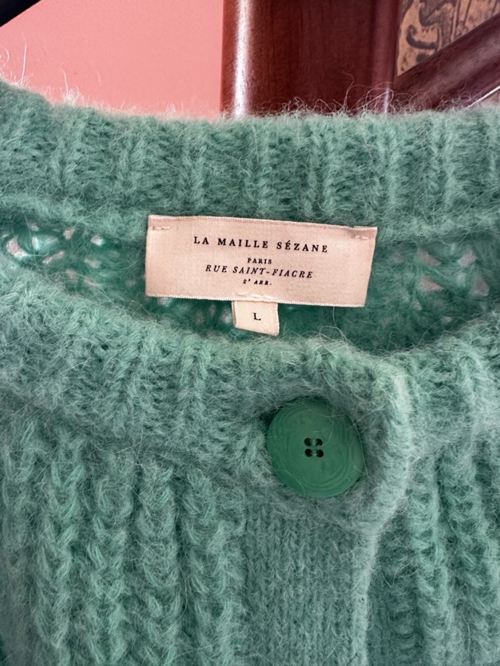 Sezane Emile Mint Green Fuzzy Button Cardigan - Picture 2 of 8